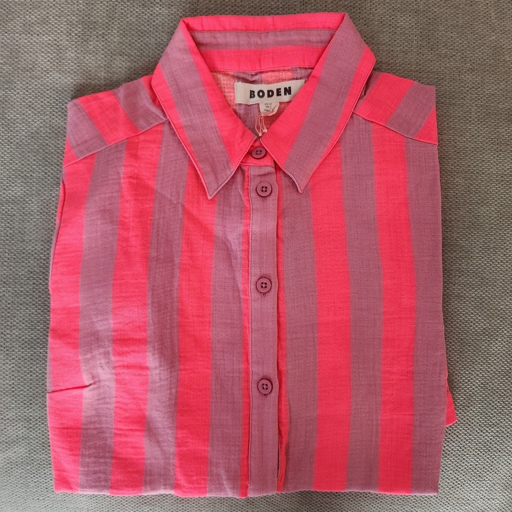 Boden US 6 Pink Neon Coral Stripe Double Cloth Shirt NWT